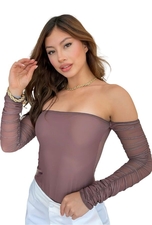 Body cuello bandeja manga larga mesh Mocha Mousse