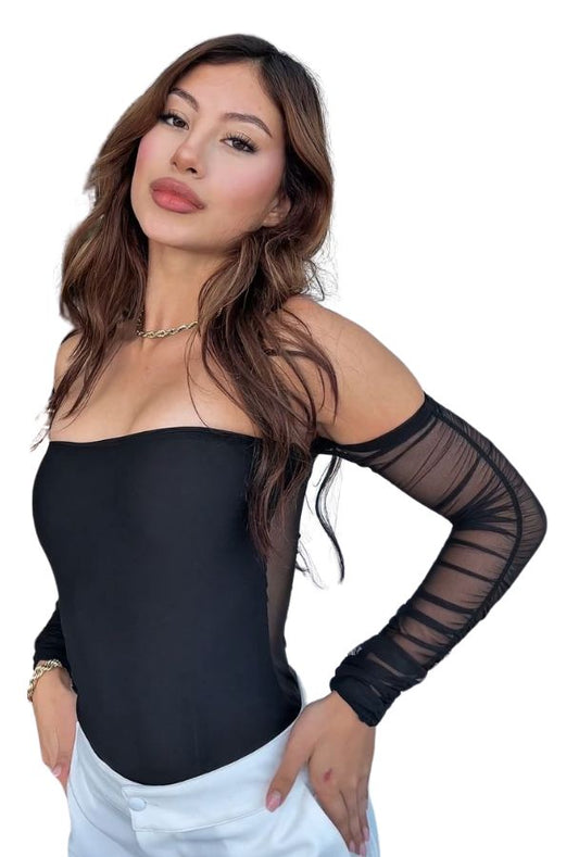 Body cuello bandeja manga larga mesh Negro