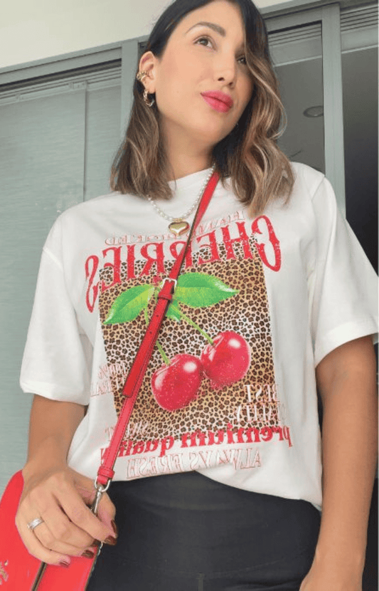 White cherry animal print oversized t-shirt 